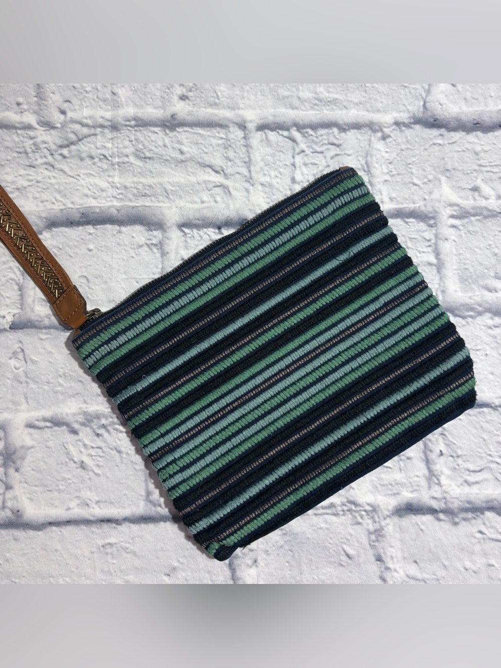 Jasper & Jeera navy/aqua striped stitch-work zipper pouch wristlet